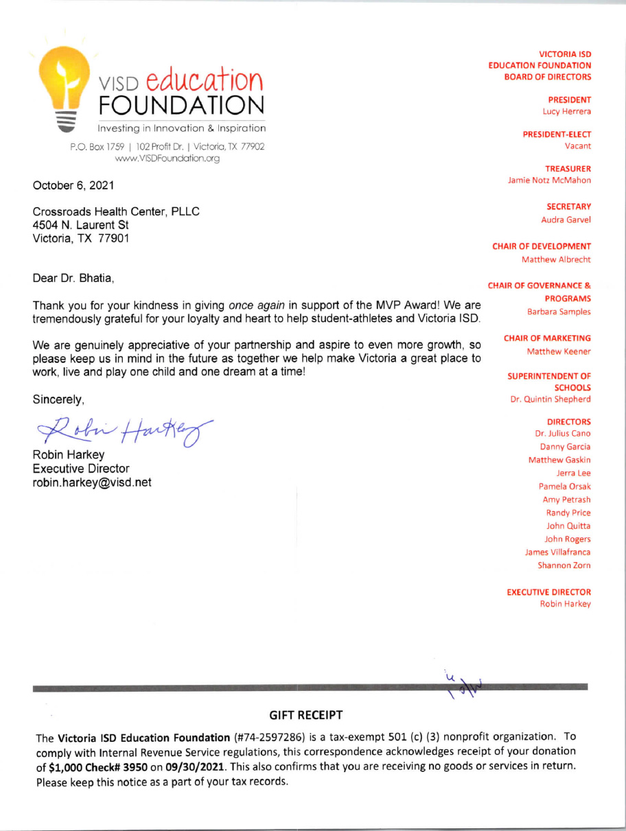 VISD Education Foundation letter